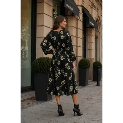 rochie de flori kimono cu clivaj rotund Ann Gissy negru / bej (XY202116)