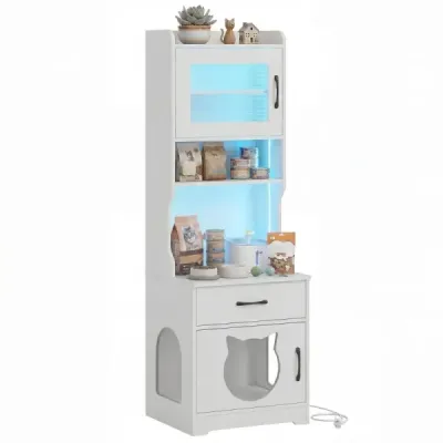 Cat clo dulap cu LED reglabil lumina & raft și stație de încărcare & sertar pisica toaletă Alb