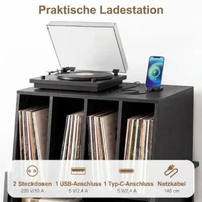Stand player de înregistrare cu stație de încărcare integrată & 4 partiții tabel disc de vinil negru