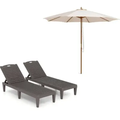 300 cm parasolar mare Bej + 2 lounger la soare cu backrest reglabil Brown