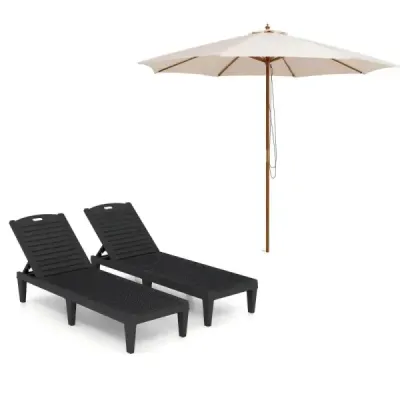 300 cm parasolar mare Beige + 2 lounger de soare cu backrest reglabil negru