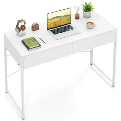 Tabel calculator cu 2 sertare Birou compact cu cadru metalic durabil White