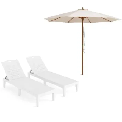 300 cm parasolar mare Bej + 2 lounger soare stabilit cu backrest reglabil Alb