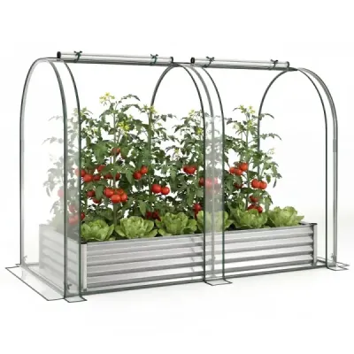 3 în 1 pat înalt cu cutie de plantare din metal cu capac PVC & 2 ferestre