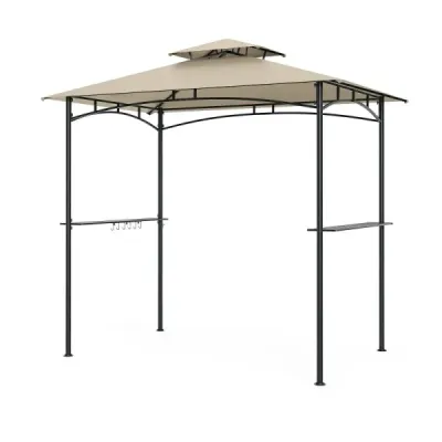 Grillpavillon mit Doppeldach & 2 Seitenregalen & 6 Hooks Gartenpavillon BBQ Pavillon 242 x 150 cm Beige