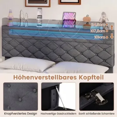 cadru pat dublu cu lumini LED & porturi USB Pat platformă modernă 140 x 200 cm gri
