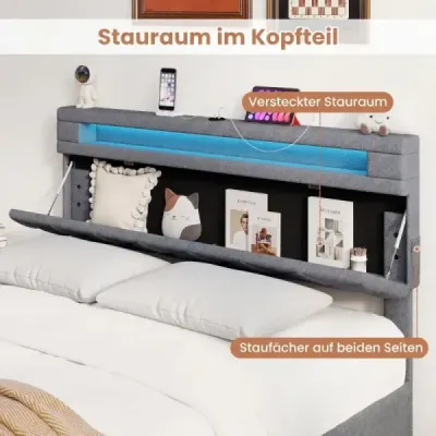 cadru pat dublu cu lumini LED & porturi USB Pat platformă modernă 140 x 200 cm gri