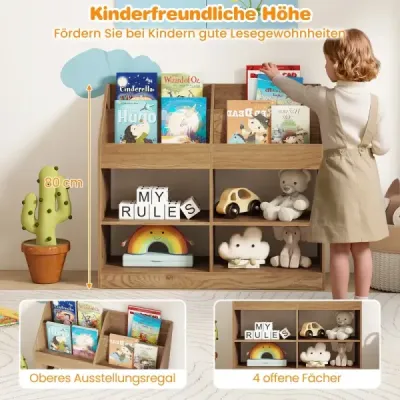 Copii Bookcase 80 cm Raft pentru copii mari cu 4 rafturi si 4 compartimente deschise Natura