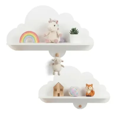2 Set raft de perete Schweberegal în Cloud Design raft montat pe perete cu cârlig de lemn alb