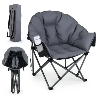Scaun de camping pliabil până la 227 kg Armrests căptușite Beverage Holder sac gri