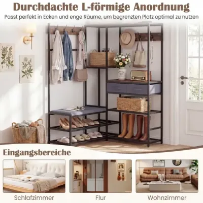 Raft haine cu banc captusit si raft pantofi cu 2 sertare tesatura