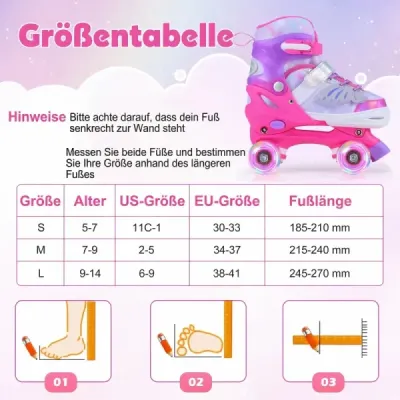 Ajustabile în 4 dimensiuni UE 34-37 Quad Skates cu 4 roți roz