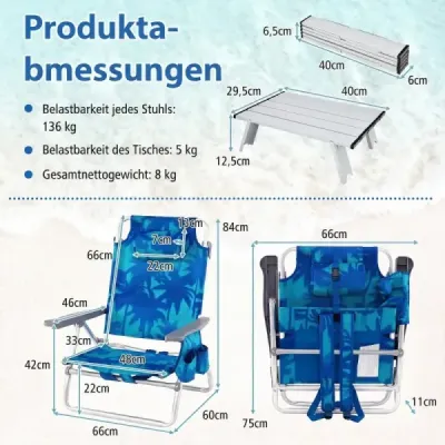 2 scaune de plaja cu masa Scaune de camping pliabile cu palmier de cocos backrest reglabil