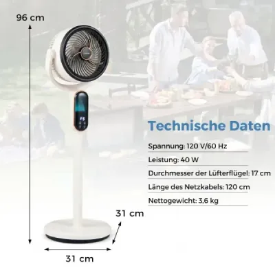 Stand ventilator 54-96 cm înălțime ventilator reglabil cu 8 niveluri 12 ore timer alb