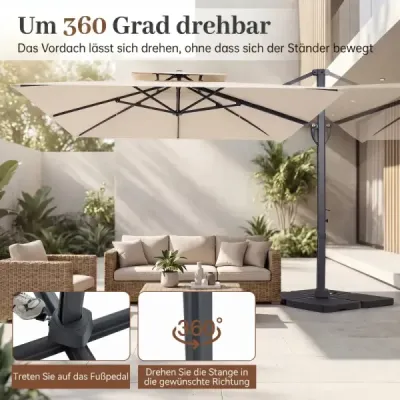 Ecran luminos 300 x 300 cm Parasol pătrat cu pedala de picior & manivelă 360° Partea de cotitură
