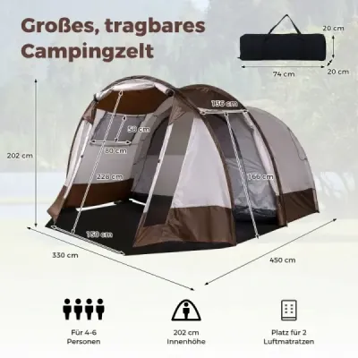 Cort tunel pentru 4-6 persoane Cort de camping impermeabil cu intrare mare și ușă de ventilație