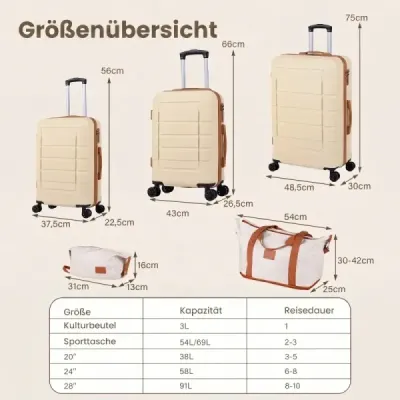 Valize Set 5 Caz de călătorie parțial extensibil cu 1 sac de călătorie & 1 sac de cultură bej
