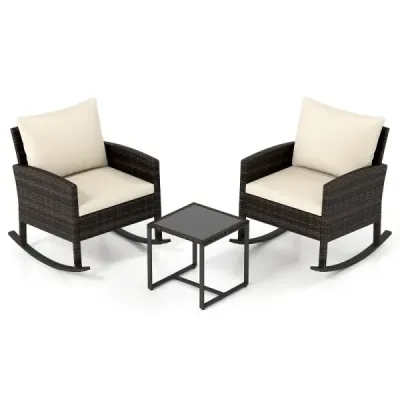 Set 3 părți mobilier balcon de la rattan cu 2 scaune leagăn & sticlă bej masă