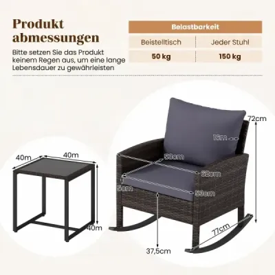 Set 3 părți mobilier balcon de la rattan cu 2 scaune leagăn & sticlă gri masă