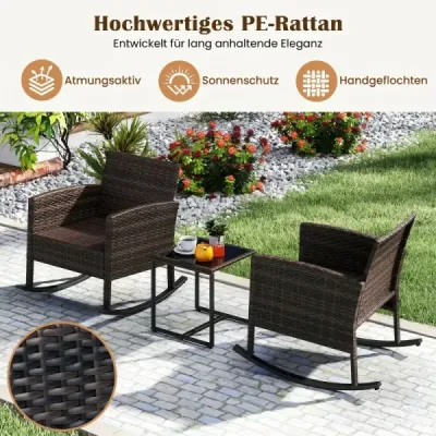 Set 3 părți mobilier balcon de la rattan cu 2 scaune leagăn & sticlă gri masă