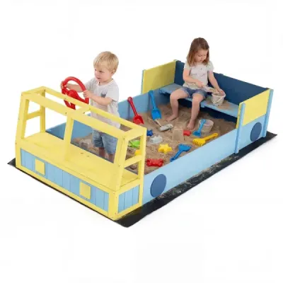 Sandbox din lemn in design camion de incendiu cu roata si banc