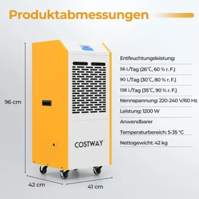 Dezumidificator de aer 90L/zi Uscator de constructii Comercial cu pompa Furtun de evacuare 4 roti 24H Timer