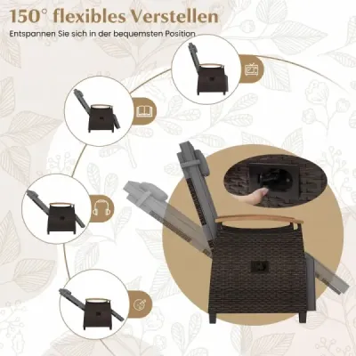 2 set Relaxați-vă canapea Scaun Rattan cu pernă moale Scaun pe spate reglabil și pe punte Grey