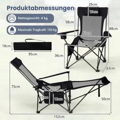 2 scaun de camping cu tetieră detașabilă & spătar reglabil & scaun înger negru