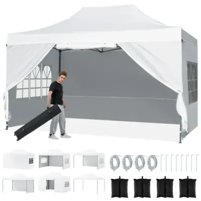 3 x 4.5 m pavilion pop-up rezistent la vreme pavilion pliabil cu 4 pereți laterali cadru de metal alb