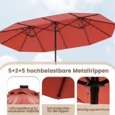 umbrelă dublă de soare 460 x 285 cm umbrelă cu LED-uri manivelă de iluminat & stand umbrelă Orange