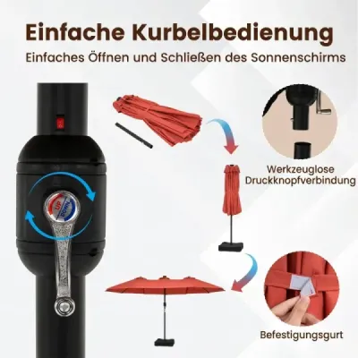 umbrelă dublă de soare 460 x 285 cm umbrelă cu LED-uri manivelă de iluminat & stand umbrelă Orange