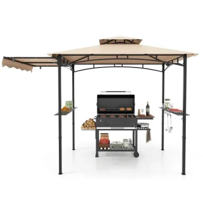 Grillpavillon mit Seitenmarkise Doppeldach 2 Seitenregalen & Haken Gartenpavillon BBQ Pavillon Bej