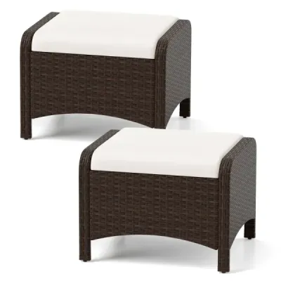 2 set Footstool făcut din PE-Rattan scaun grădină cu perna detaşabil alb scaun