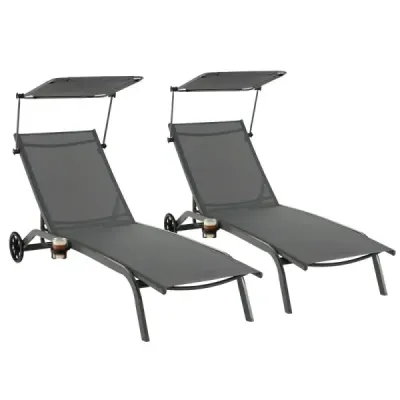 2 set terasă scaun lounge cu roţi plaja pat de metal gri