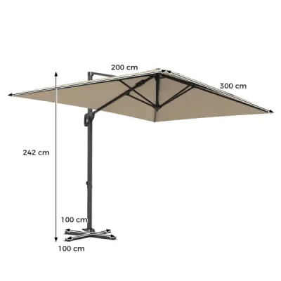 Parasol rectangular 300 x 200 cm parasolar neigabil cu pedala picior manivela & bej bază cruce