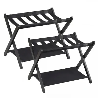 2pc Set case Stand Bagaj pliabil din lemn de cauciuc cu 2 rafturi 67 x 46 x 52 cm Negru