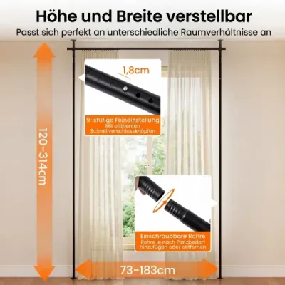 Bară pentru perdele fără forare 120/314 cm (H) 73/183 cm (B) Negru