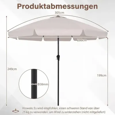 Parasol 286 cm Umbrela de gradina cu manivela & 30° Knickbar Protectie solara, umbrela balcon Bej