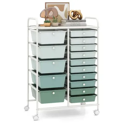 Masina de rulare cu 15 sertare stivuite Rolling container atașe 62.5 x 37 x 87 cm Verde