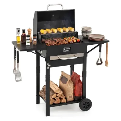 Grătar cu cărbune Grătar în aer liber masina cu 2 mese laterale Grill mare fumat cu role