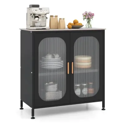 Sideboard dresser cu raft reglabil bufet dulap cu semi-transparenta usa dubla negru