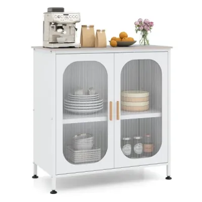 Sideboard dresser cu raft reglabil bufet dulap cu semi-transparenta usa dubla alb