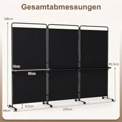 3 camere separator pe role Folding Paravent ecran de confidențialitate cu 3 raft fund negru