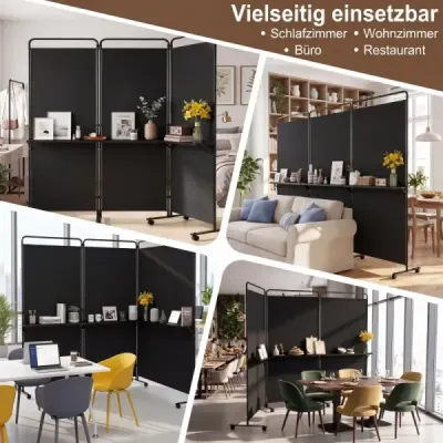 3 camere separator pe role Folding Paravent ecran de confidențialitate cu 3 raft fund negru