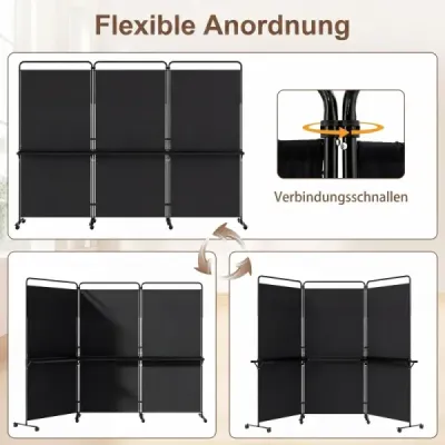 3 camere separator pe role Folding Paravent ecran de confidențialitate cu 3 raft fund negru