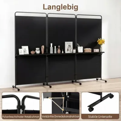 3 camere separator pe role Folding Paravent ecran de confidențialitate cu 3 raft fund negru