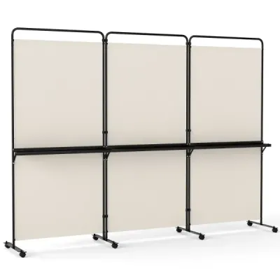 3 camere separator pe role Folding Paravent ecran de confidențialitate cu 3 rafturi alb
