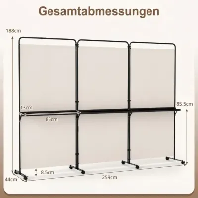 3 camere separator pe role Folding Paravent ecran de confidențialitate cu 3 rafturi alb
