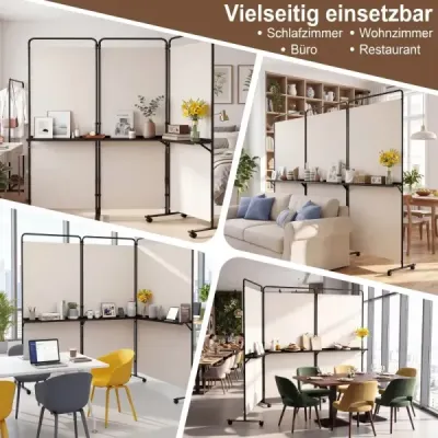 3 camere separator pe role Folding Paravent ecran de confidențialitate cu 3 rafturi alb