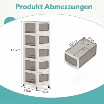 Container cu 5 sertare Cărucioare din plastic cu role PU 42 x 28 x 112.5 cm Alb